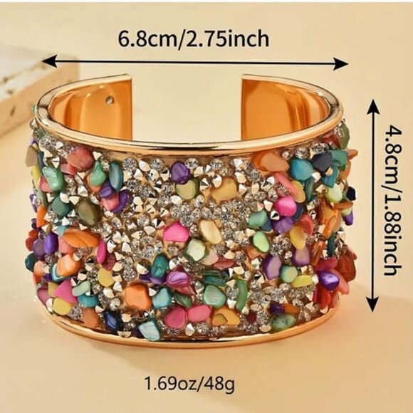 NEW! Pretty Colorful Shell Glass 14K Gold Plated Iron Bangle Bracelet Boho - Picture 3 of 4